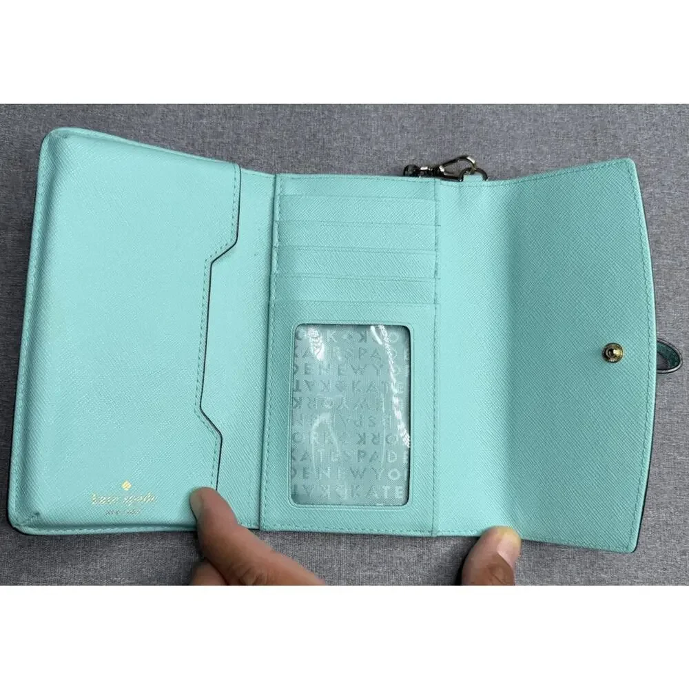 Kate Spade Teal Light Blue Leather Credit Card ID Window Trifold Wristlet Coin
